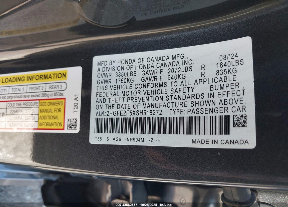 2025 HONDA CIVIC SPORT VIN: 2HGFE2F5XSH518272