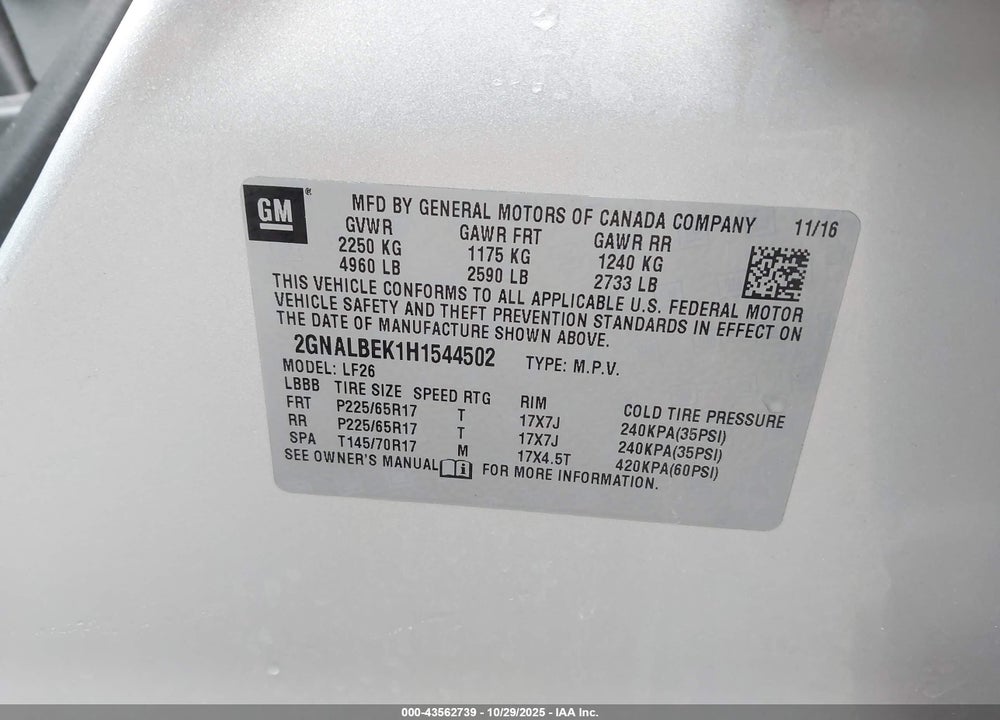 2017 CHEVROLET EQUINOX VIN: 2GNALBEK1H1544502