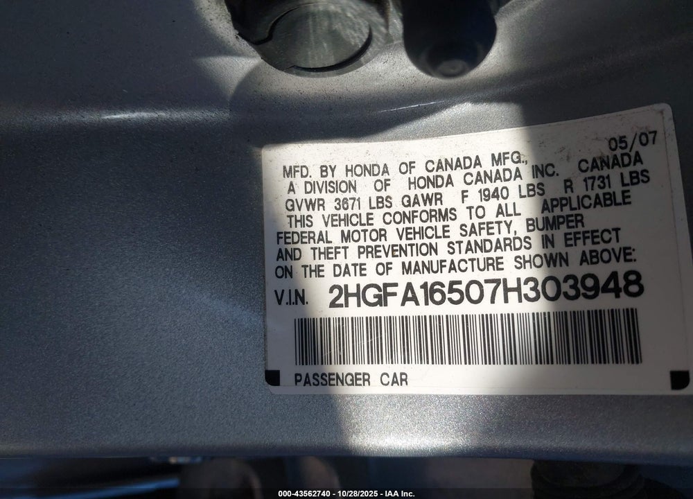 2007 HONDA CIVIC LX VIN: 2HGFA16507H303948