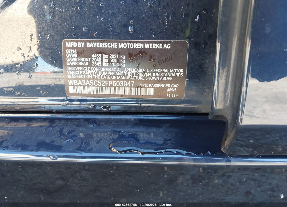 2015 BMW 328I VIN: WBA3A5C52FP603947