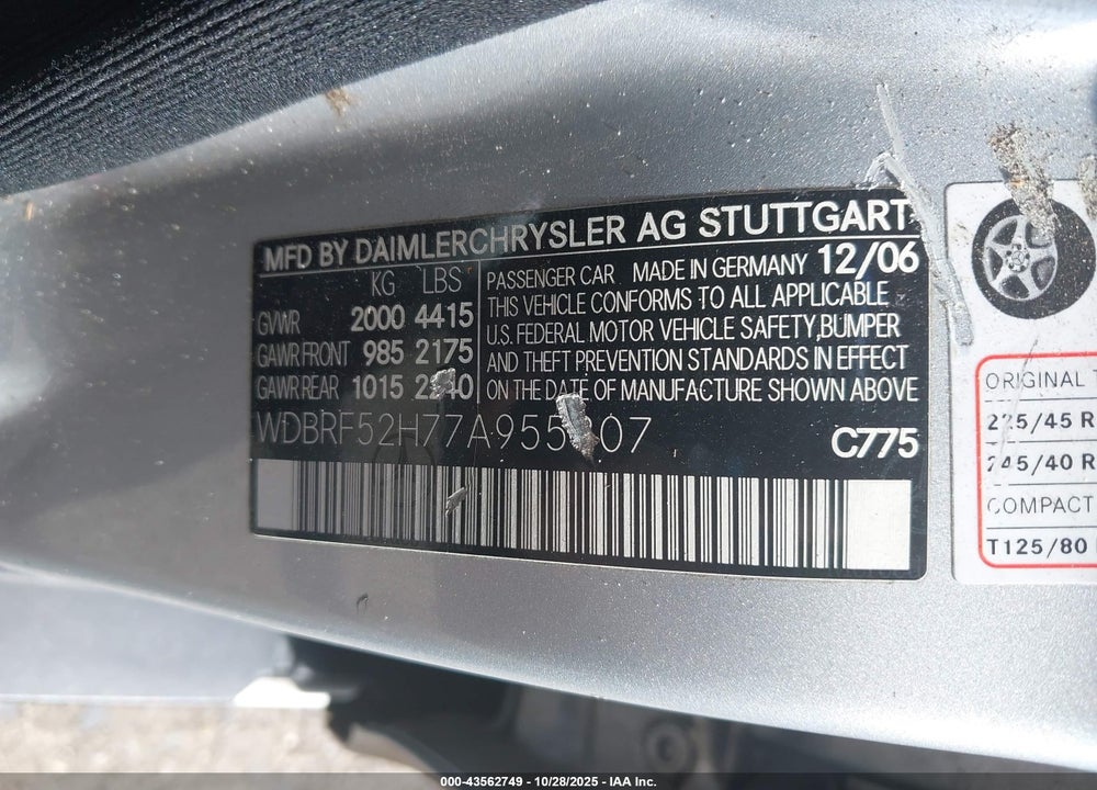 2007 MERCEDES-BENZ C CLASS VIN: WDBRF52H77A955807