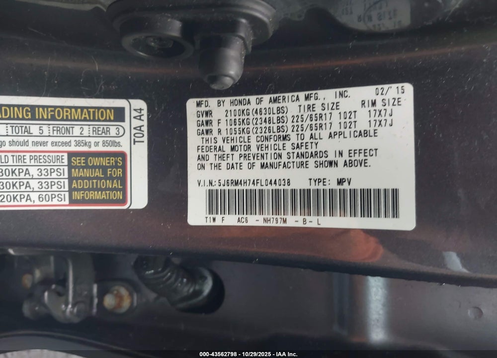 2015 HONDA CR-V EX-L VIN: 5J6RM4H74FL044038