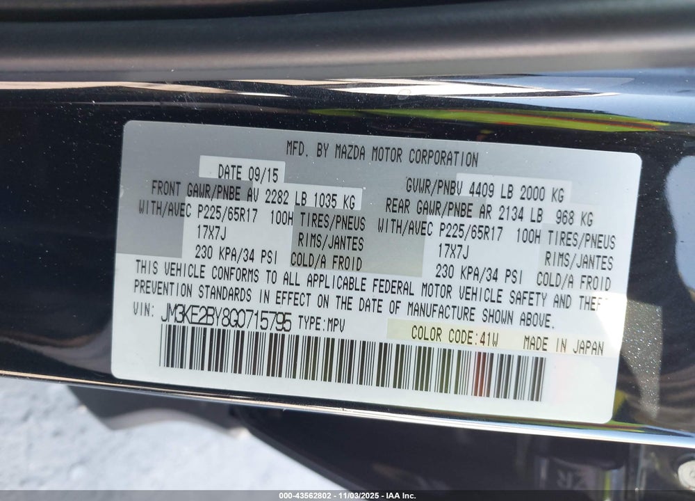 2016 MAZDA CX-5 SPORT VIN: JM3KE2BY8G0715795