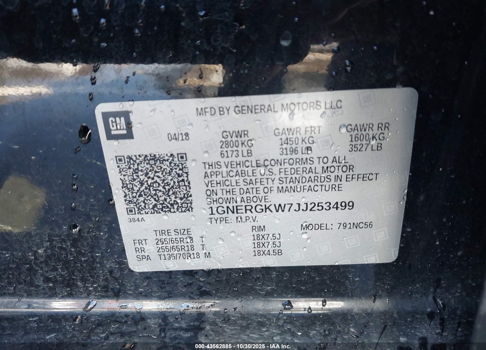 2018 CHEVROLET TRAVERSE VIN: 1GNERGKW7JJ253499