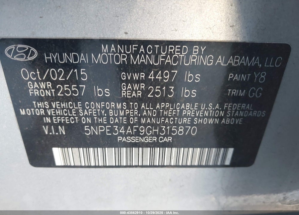 2016 HYUNDAI SONATA VIN: 5NPE34AF9GH315870