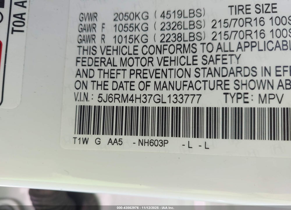 2016 HONDA CR-V VIN: 5J6RM4H37GL133777