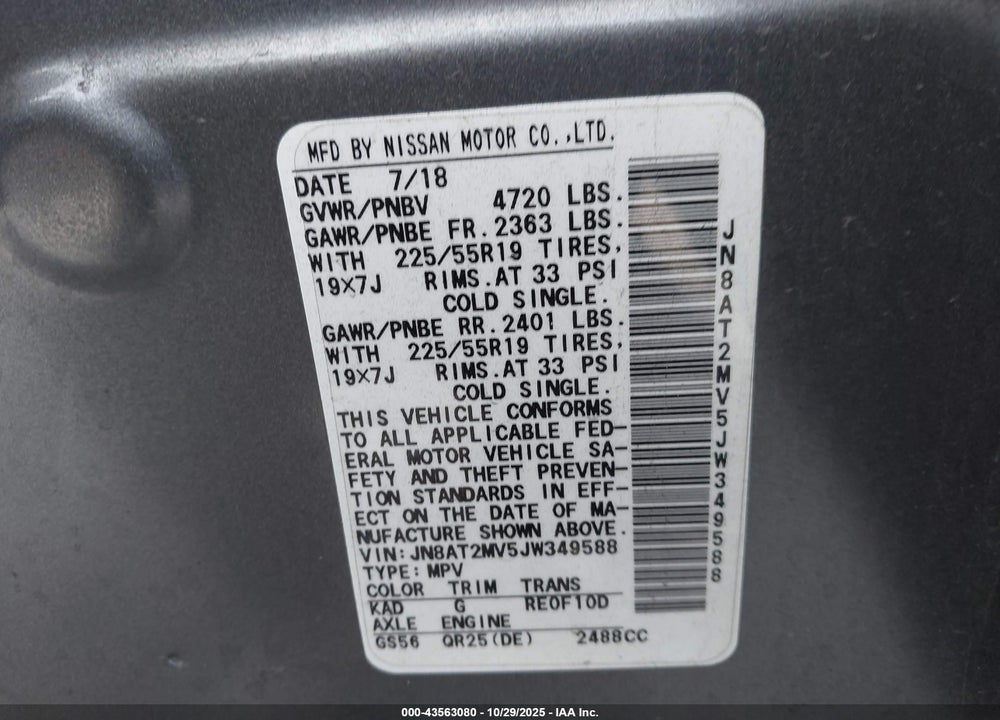 2018 NISSAN ROGUE SL VIN: JN8AT2MV5JW349588
