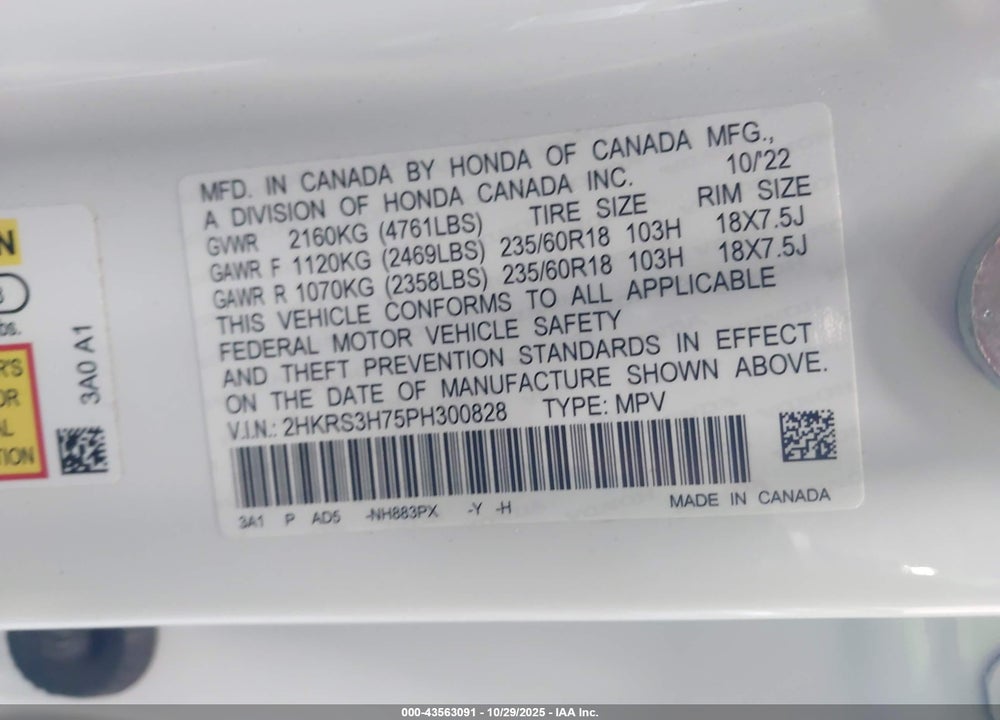 2023 HONDA CR-V EX-L 2WD VIN: 2HKRS3H75PH300828