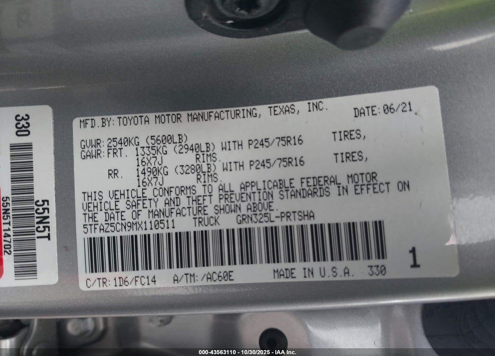 2021 TOYOTA TACOMA SR5 V6 VIN: 5TFAZ5CN9MX110511
