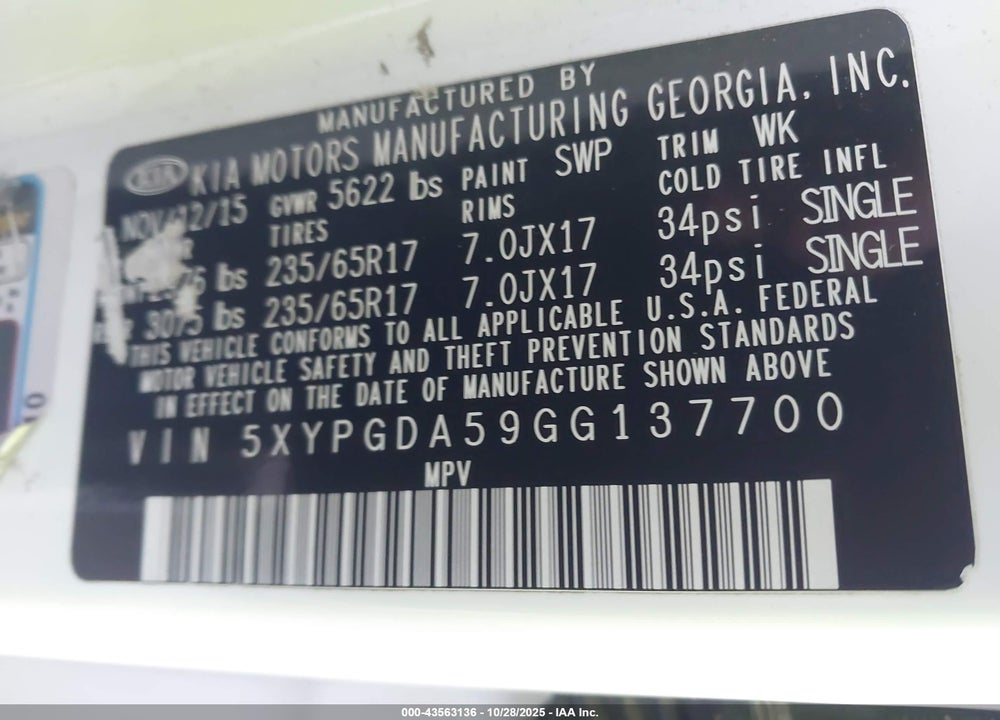 2016 KIA SORENTO VIN: 5XYPGDA59GG137700
