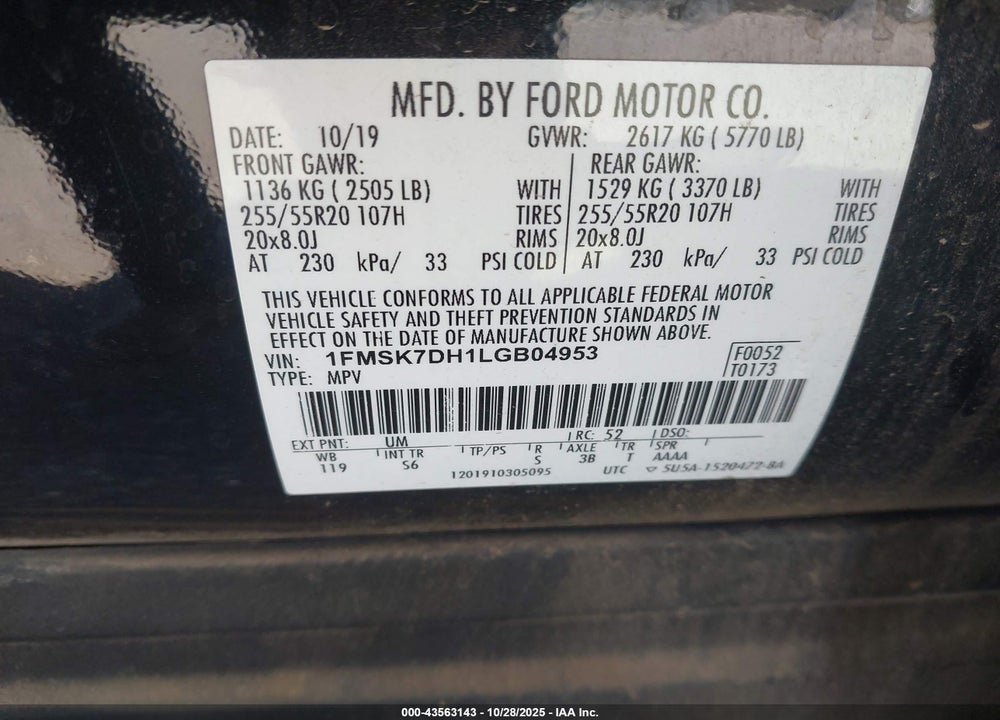 2020 FORD EXPLORER XLT VIN: 1FMSK7DH1LGB04953