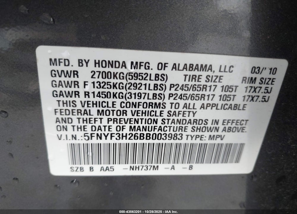 2011 HONDA PILOT LX VIN: 5FNYF3H26BB003983