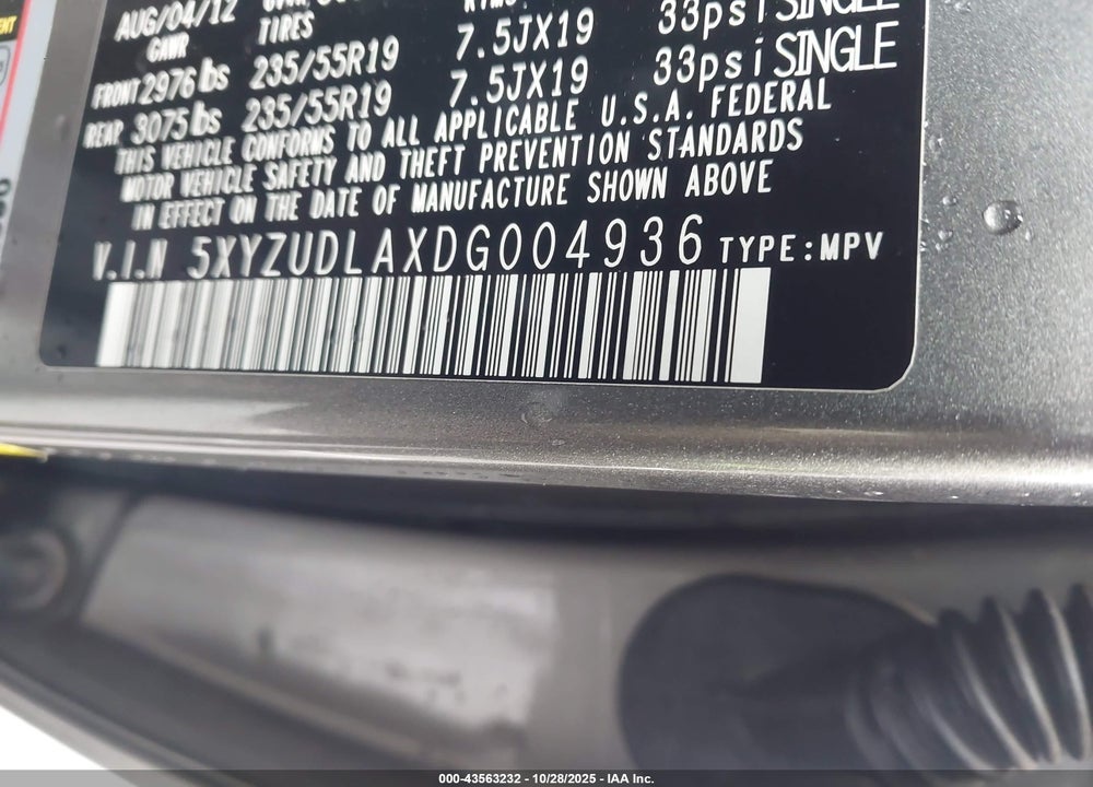 2013 HYUNDAI SANTA FE VIN: 5XYZUDLAXDG004936