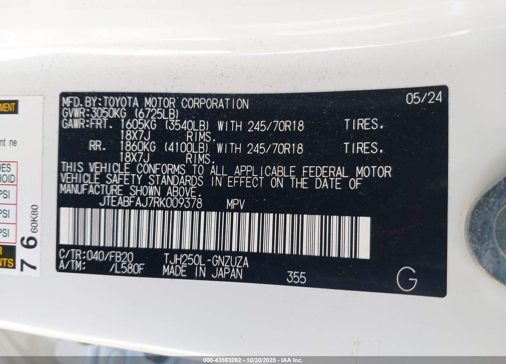 2024 TOYOTA LAND CRUISER VIN: JTEABFAJ7RK009378