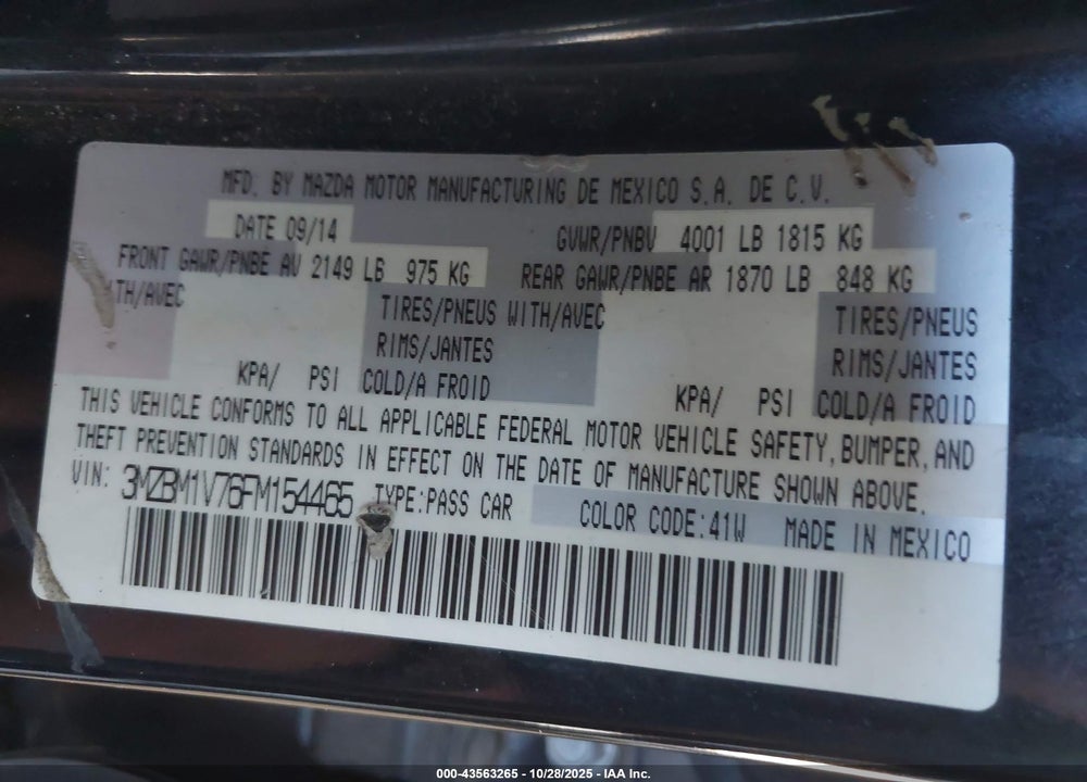 2015 MAZDA 3 VIN: 3MZBM1V76FM154465