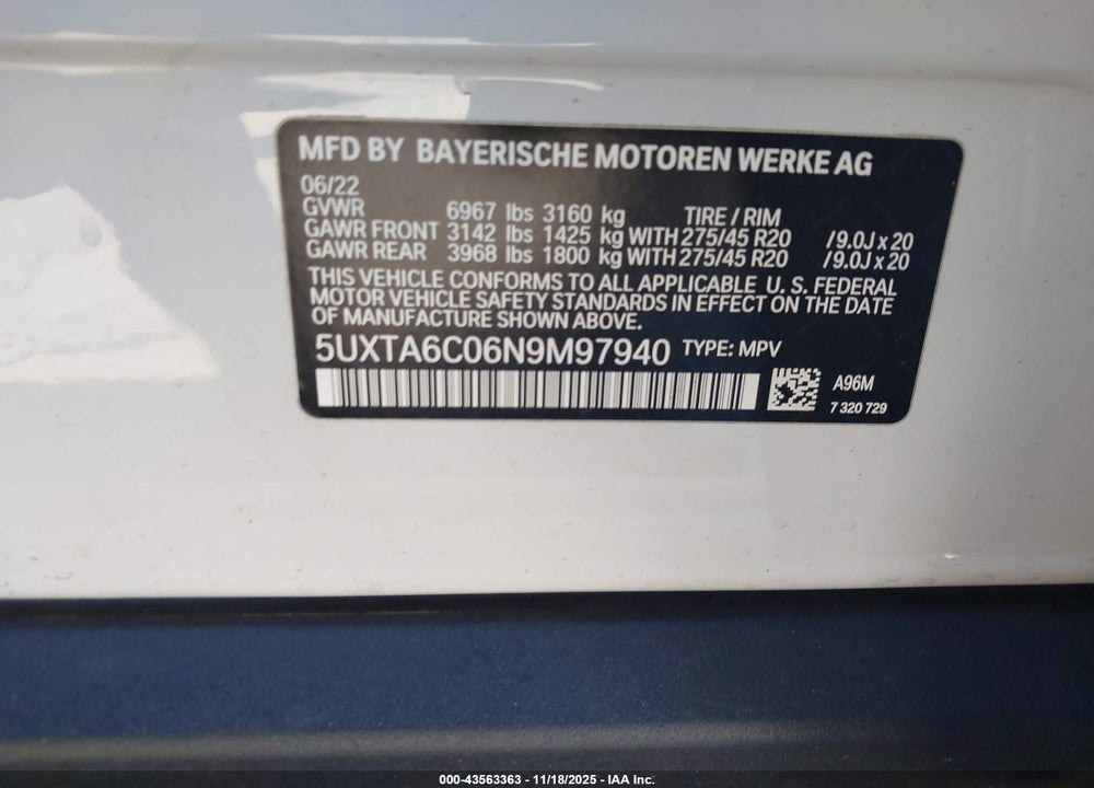2022 BMW X5 PHEV XDRIVE45E VIN: 5UXTA6C06N9M97940