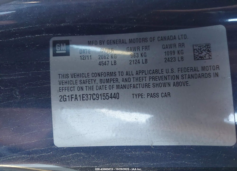 2012 CHEVROLET CAMARO 2LS VIN: 2G1FA1E37C9155440