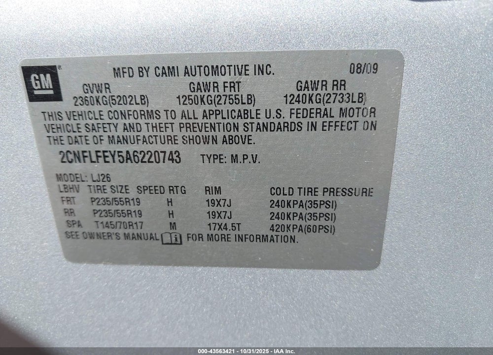 2010 CHEVROLET EQUINOX LTZ VIN: 2CNFLFEY5A6220743