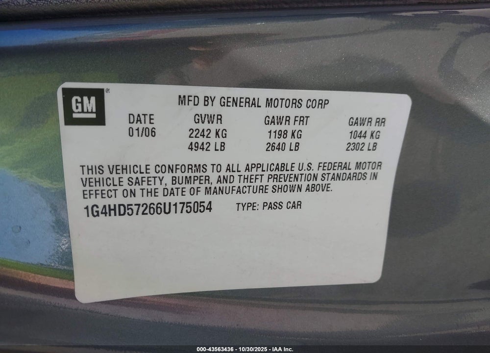 2006 BUICK LUCERNE CXL VIN: 1G4HD57266U175054