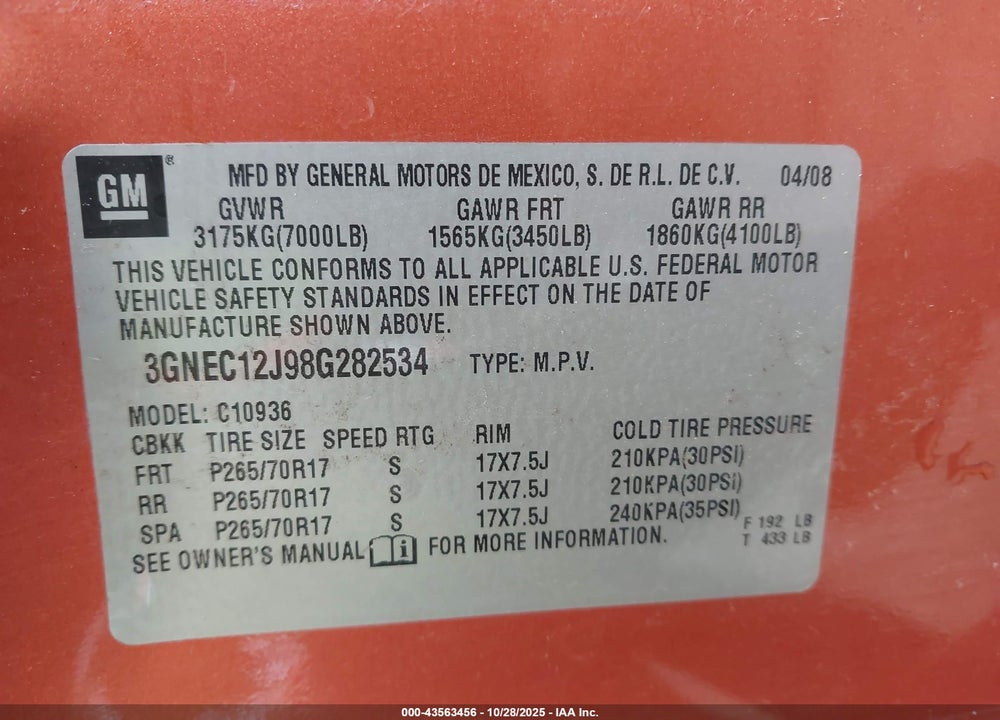 2008 CHEVROLET AVALANCHE VIN: 3GNEC12J98G282534
