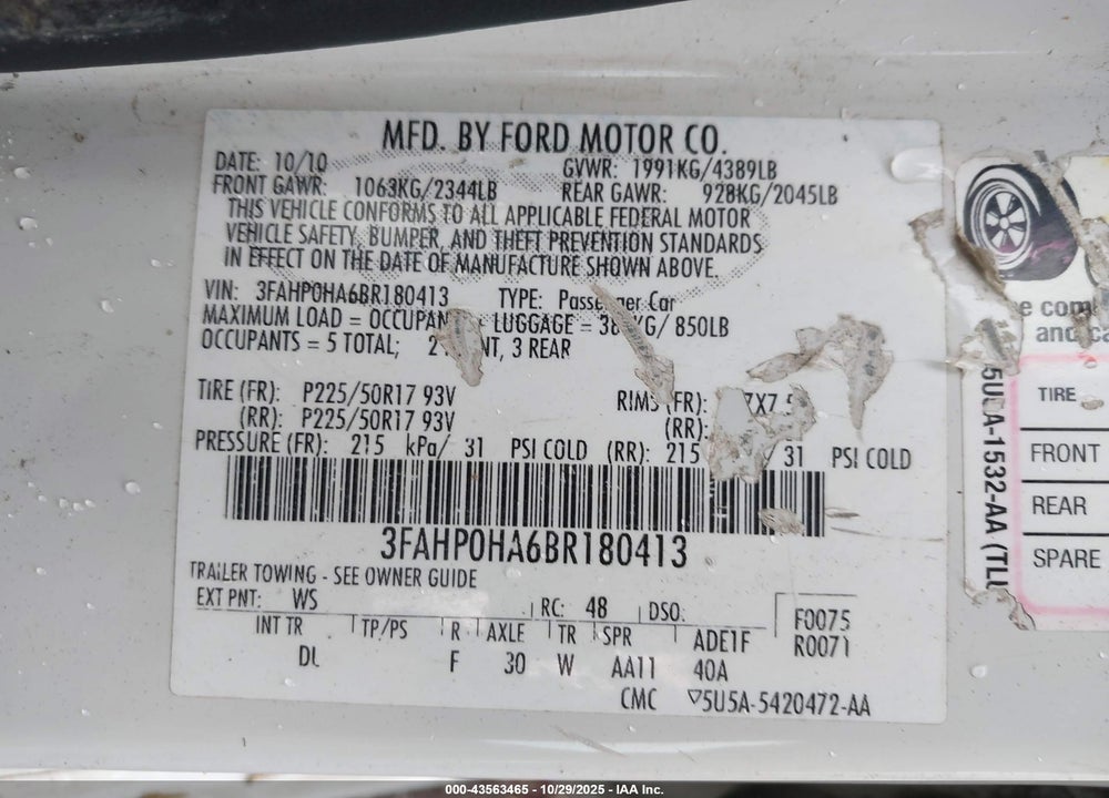 2011 FORD FUSION VIN: 3FAHP0HA6BR180413