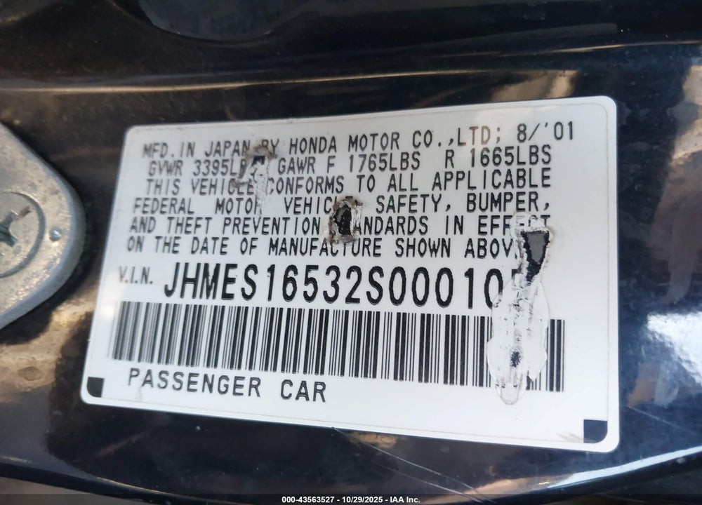 2002 HONDA CIVIC VIN: JHMES16532S000105