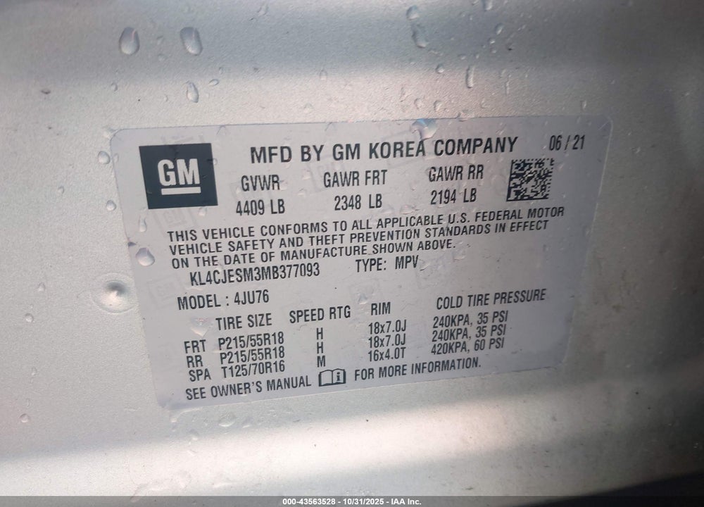 2021 BUICK ENCORE VIN: KL4CJESM3MB377093