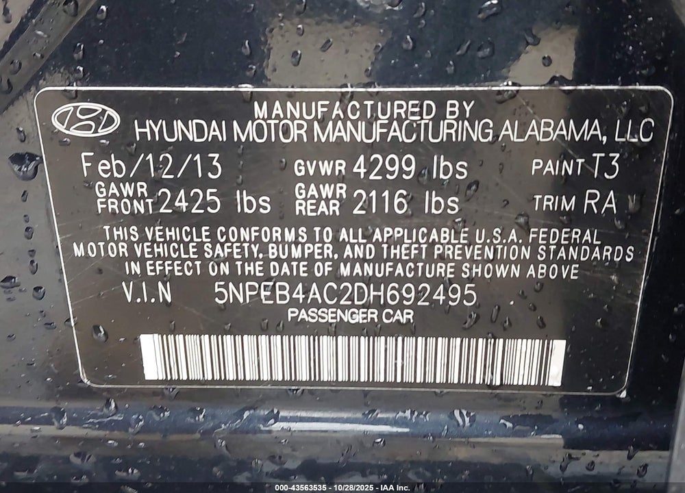 2013 HYUNDAI SONATA GLS VIN: 5NPEB4AC2DH692495