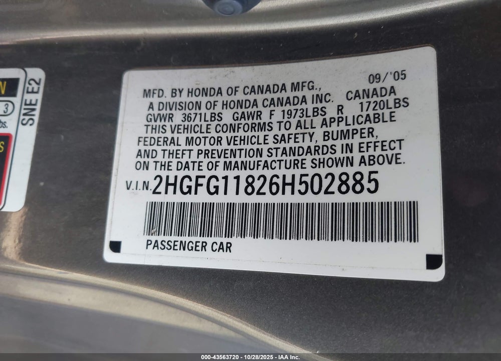2006 HONDA CIVIC EX VIN: 2HGFG11826H502885