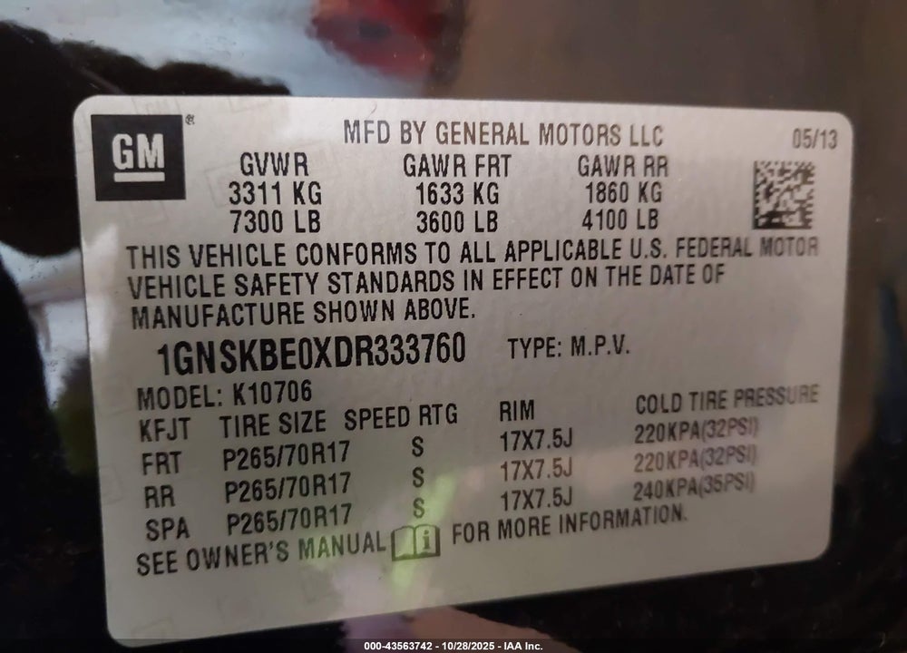 2013 CHEVROLET TAHOE LT VIN: 1GNSKBE0XDR333760