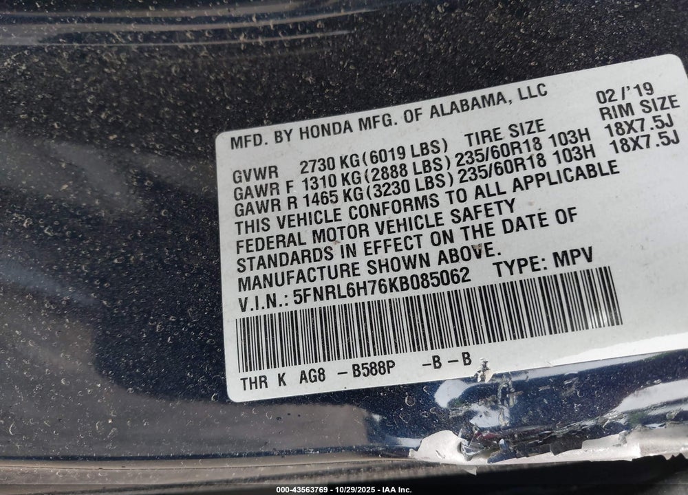 2019 HONDA ODYSSEY EX-L VIN: 5FNRL6H76KB085062