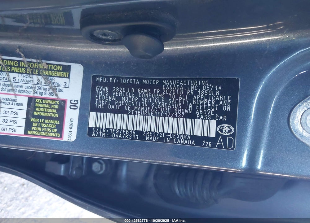 2014 TOYOTA COROLLA LE VIN: 2T1BURHE1EC177137