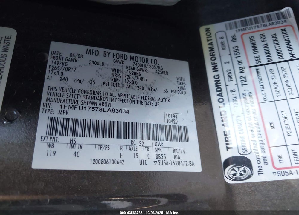 2008 FORD EXPEDITION EDDIE BAUER/KING RANCH VIN: 1FMFU17578LA83034