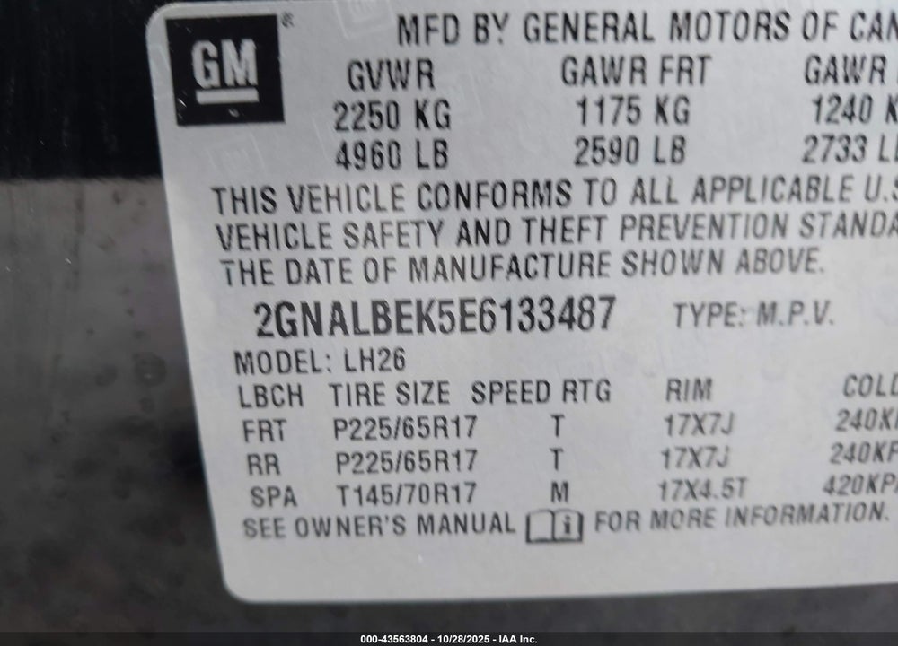 2014 CHEVROLET EQUINOX VIN: 2GNALBEK5E6133487