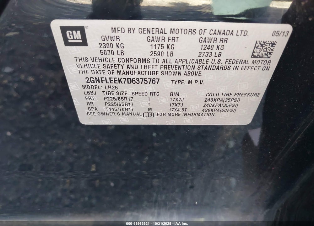 2013 CHEVROLET EQUINOX 1LT VIN: 2GNFLEEK7D6375767