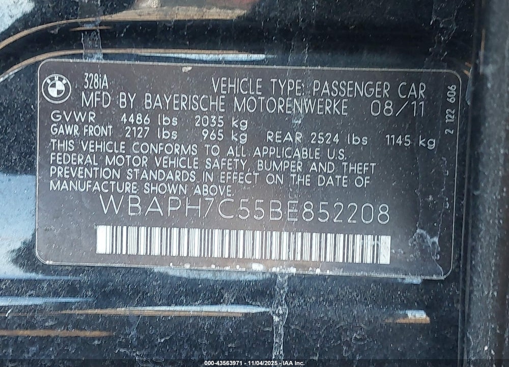 2011 BMW 328I VIN: WBAPH7C55BE852208