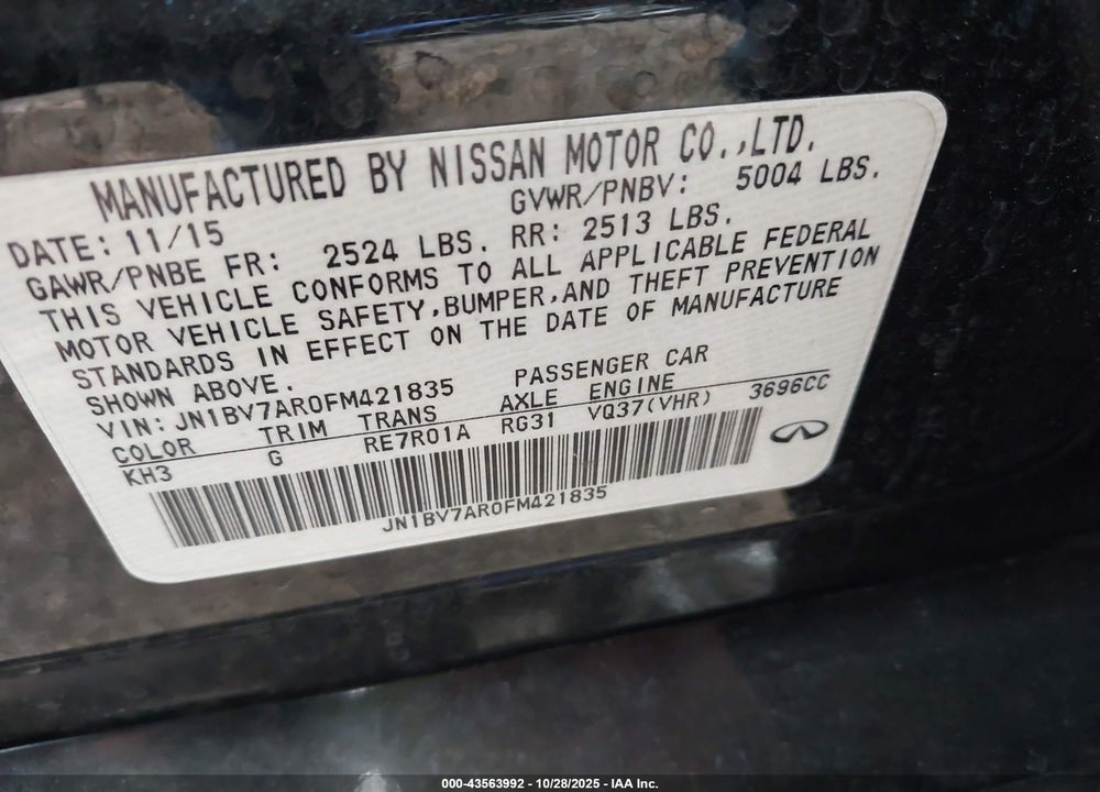 2015 INFINITI Q50 VIN: JN1BV7AR0FM421835