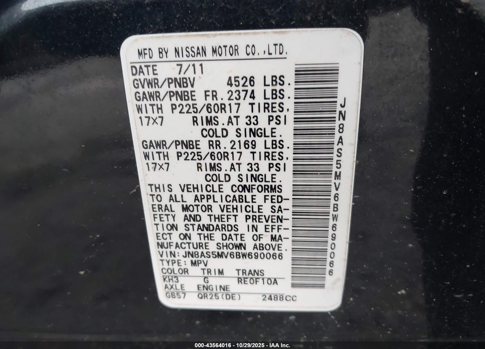 2011 NISSAN ROGUE VIN: JN8AS5MV6BW690066