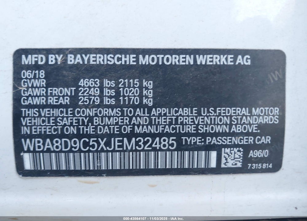 2018 BMW 330I XDRIVE VIN: WBA8D9C5XJEM32485