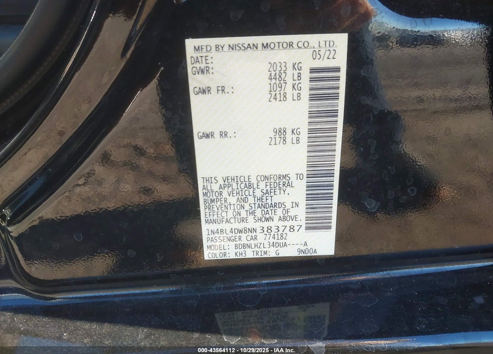 2022 NISSAN ALTIMA VIN: 1N4BL4DW8NN383787