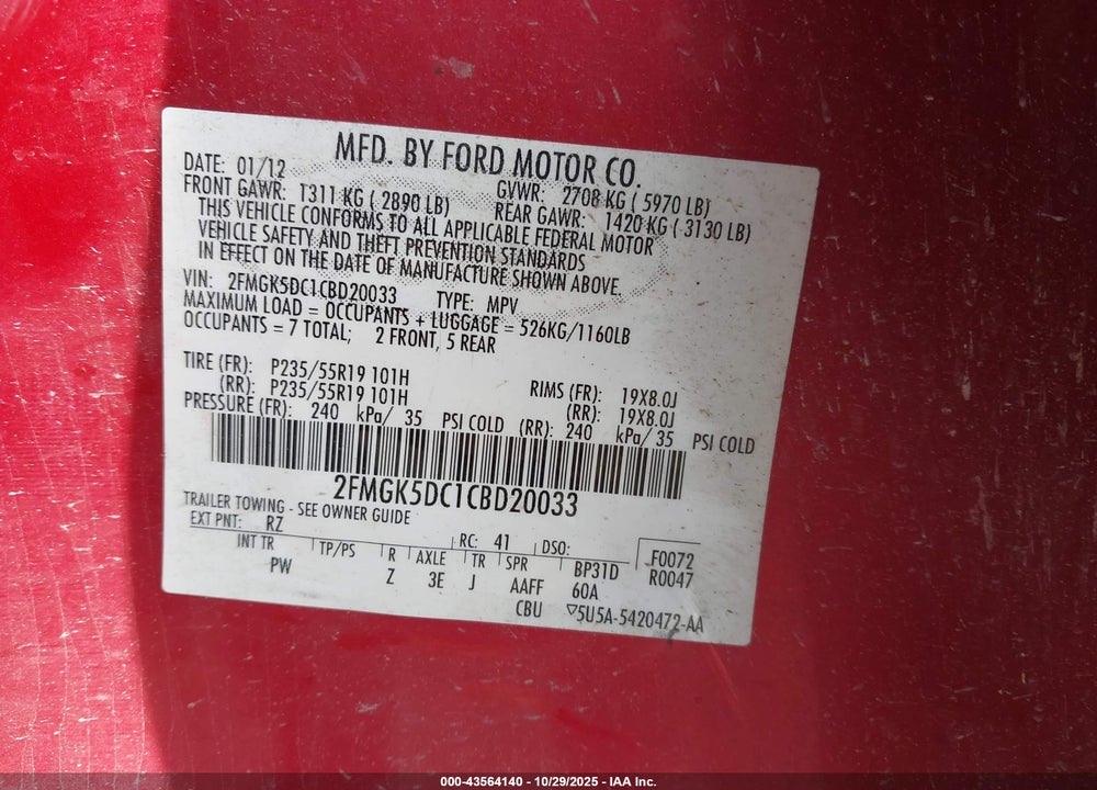 2012 FORD FLEX LIMITED VIN: 2FMGK5DC1CBD20033