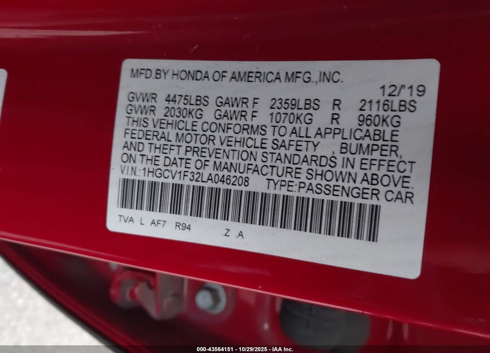 2020 HONDA ACCORD VIN: 1HGCV1F32LA046208