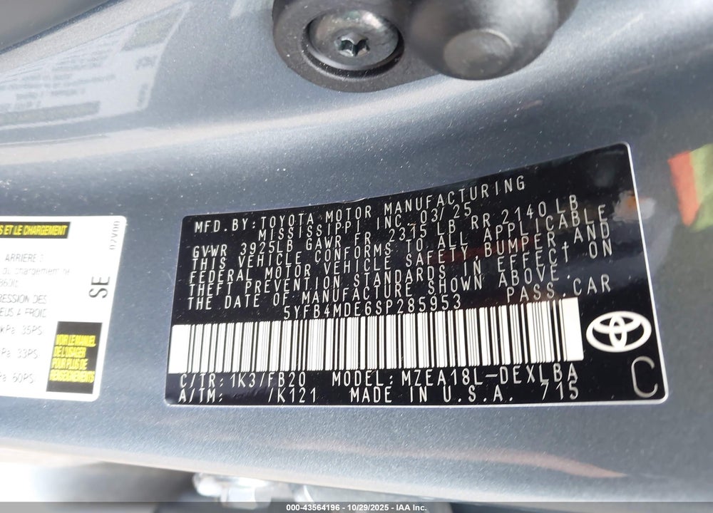 2025 TOYOTA COROLLA LE VIN: 5YFB4MDE6SP285953