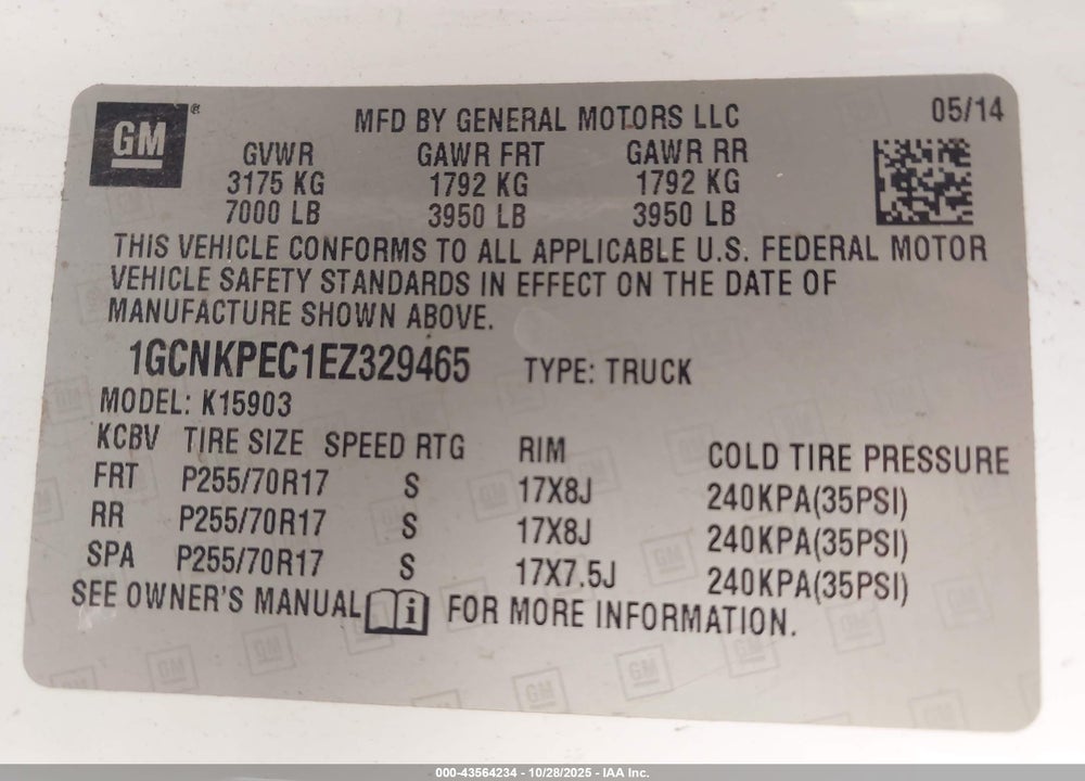 2014 CHEVROLET SILVERADO 1500 VIN: 1GCNKPEC1EZ329465