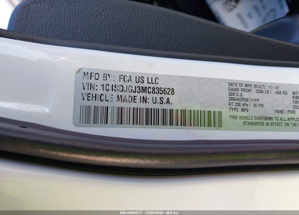 2021 DODGE DURANGO SRT 392 AWD VIN: 1C4SDJGJ3MC835628