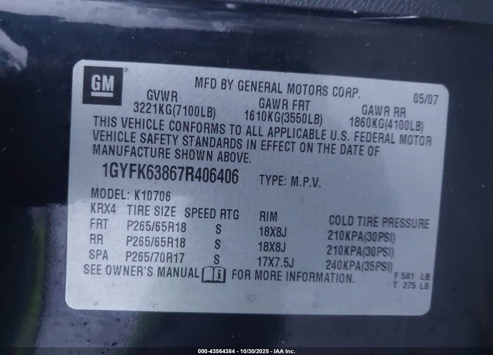 2007 CADILLAC ESCALADE VIN: 1GYFK63867R406406