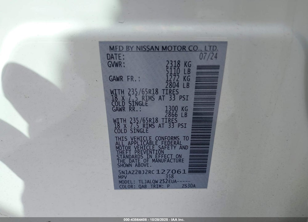 2024 NISSAN MURANO SV FWD VIN: 5N1AZ2BJ2RC127061