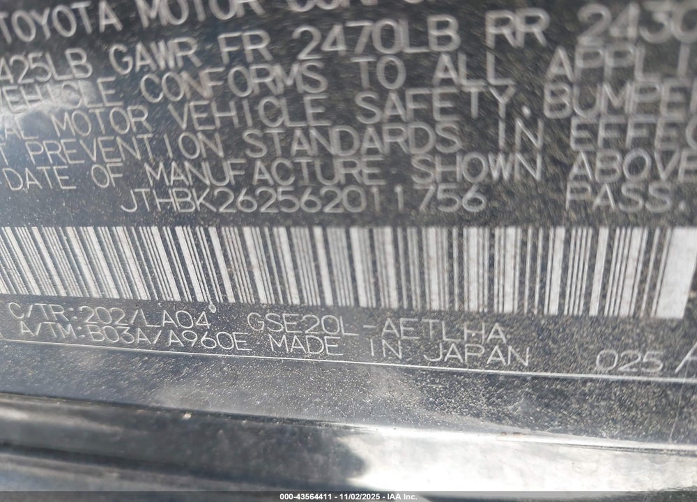 2006 LEXUS IS 250 VIN: JTHBK262562011756