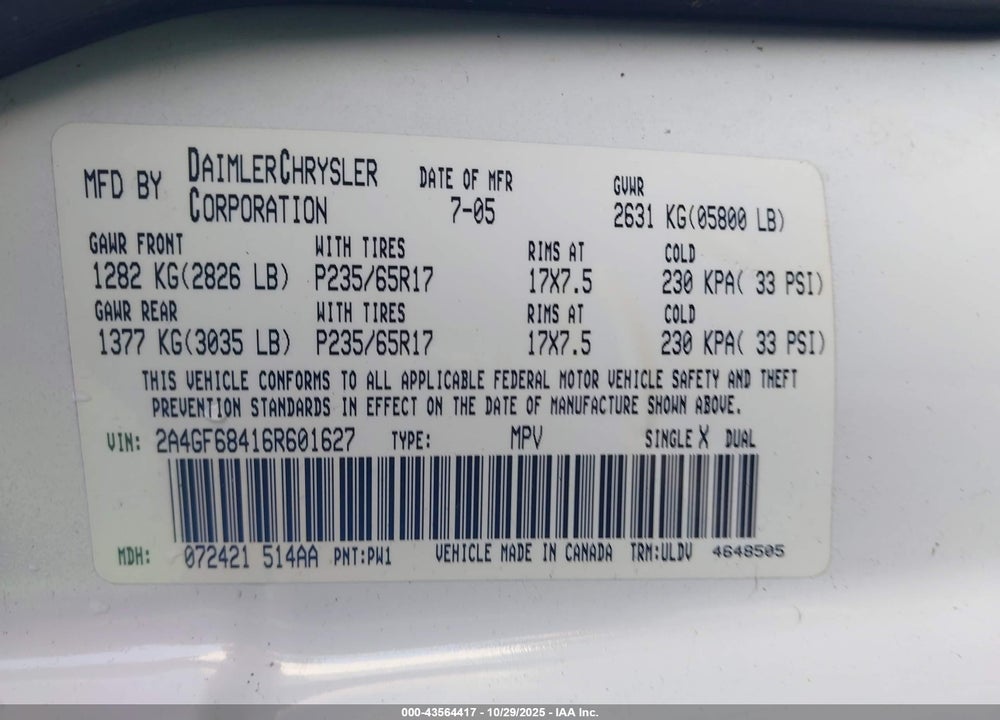 2006 CHRYSLER PACIFICA TOURING VIN: 2A4GF68416R601627