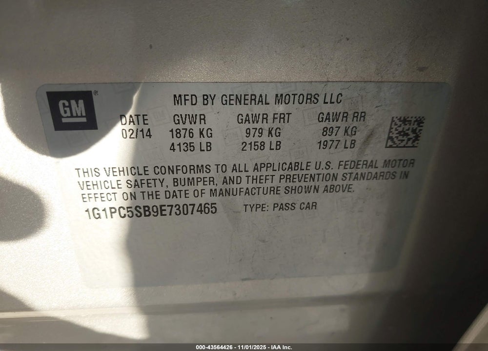 2014 CHEVROLET CRUZE VIN: 1G1PC5SB9E7307465